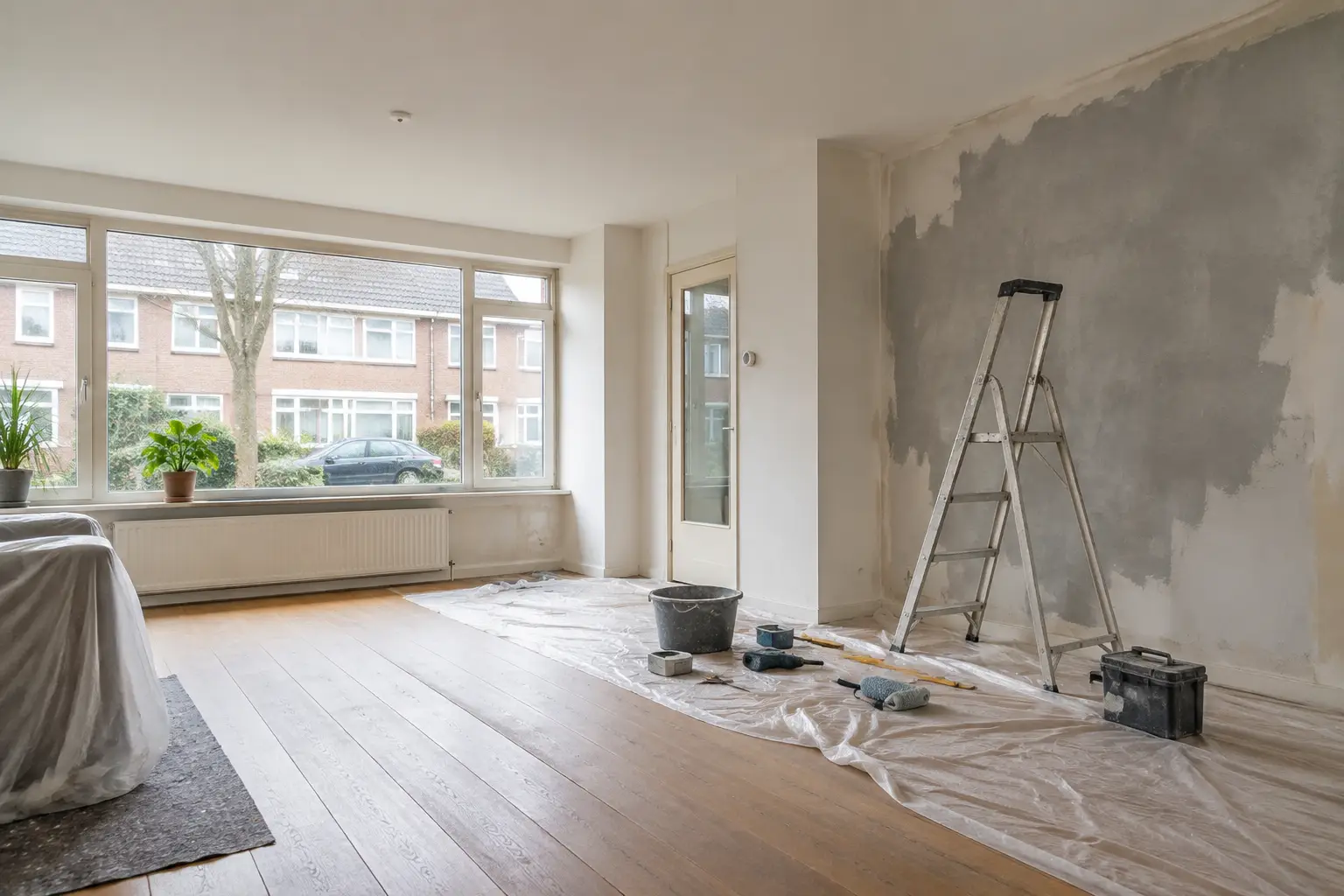 Woonkamer in een oud huis tijdens de verbouwing, bouwstof en afdekfolie over de vloer, gegenereerde afbeelding